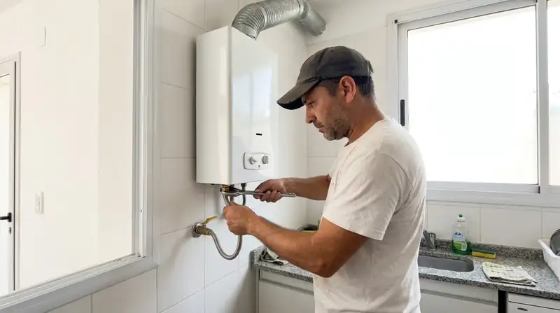 Gasista conectando un calefón a gas en una pared con azulejos blancos